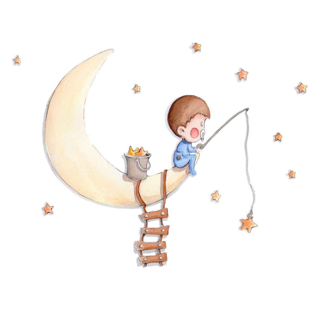 Vinilo Decorativo Infantil Pescando en la Luna Sueños de Cigüeña - Nanetes #